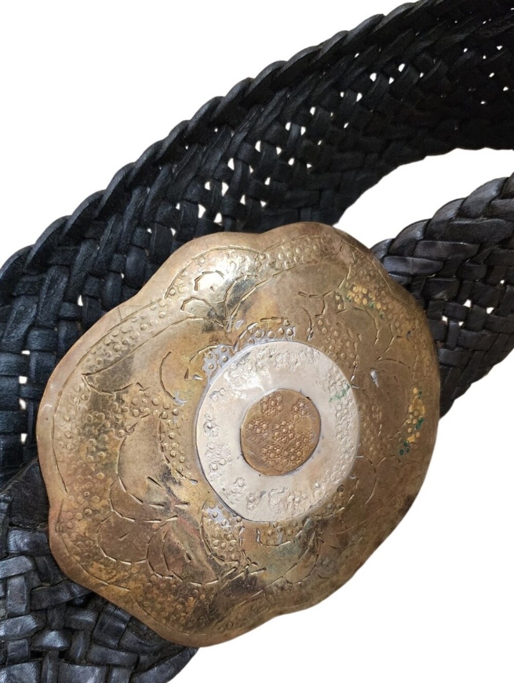 Vintage 1980s Black Braided Leather Belt Massive Hammered Metal Buckle S/M